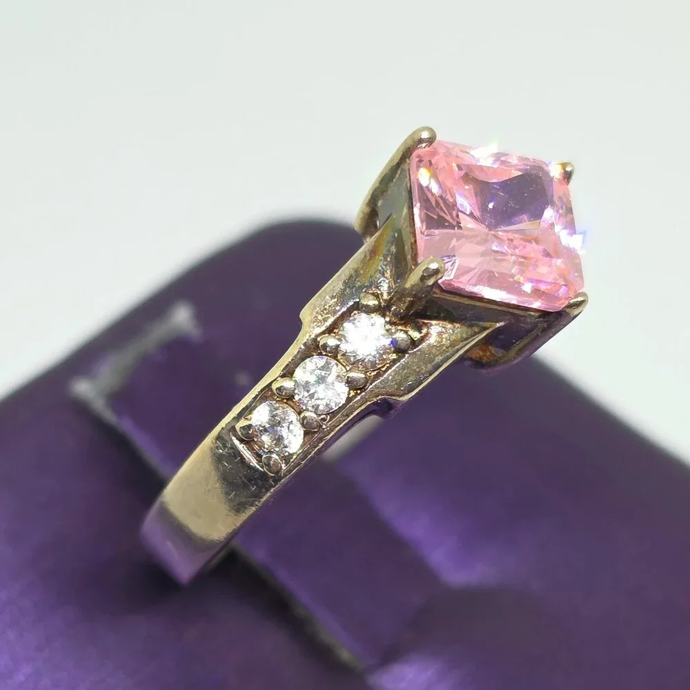 Vintage Sterling Silver Ring with Princess Cut Pink Solitaire Cubic Zirconia